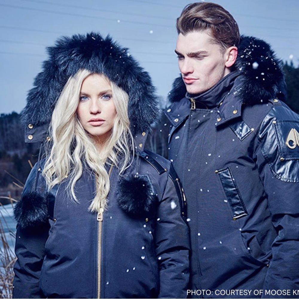 Moose Knuckles Woman's Navy Puffer Jacket with Fur and leather Trim